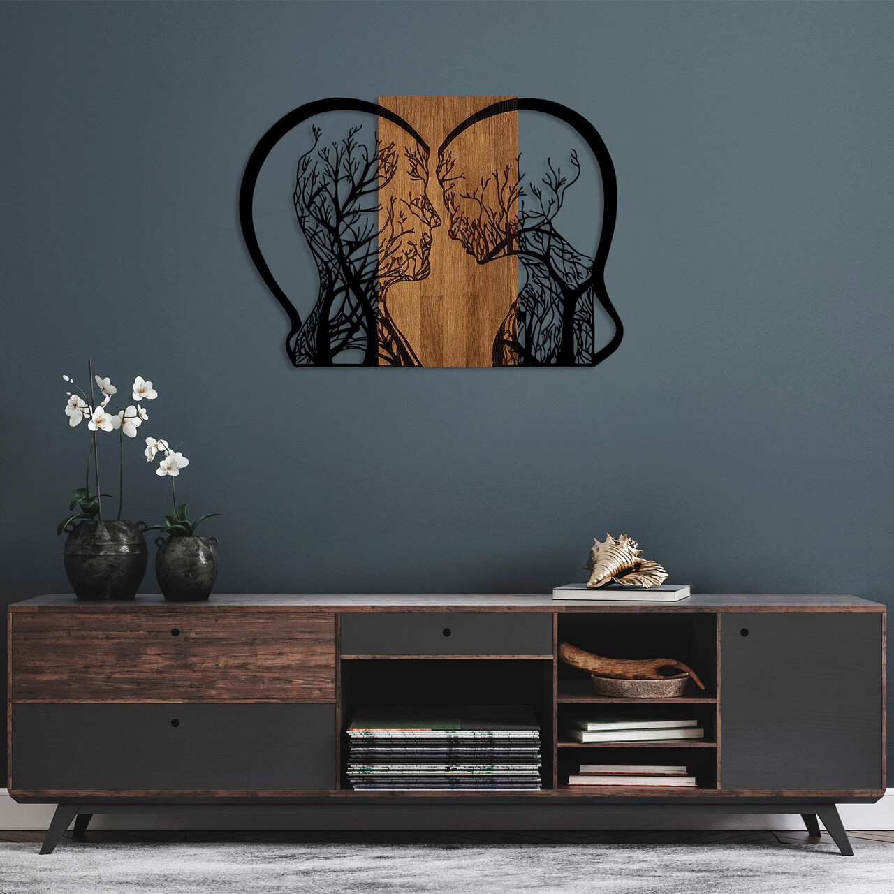 Decoratiune de perete, Tree Woman And Man Love, Dimensiune: 58 x 80 cm, Nuc / Negru - imagine 7